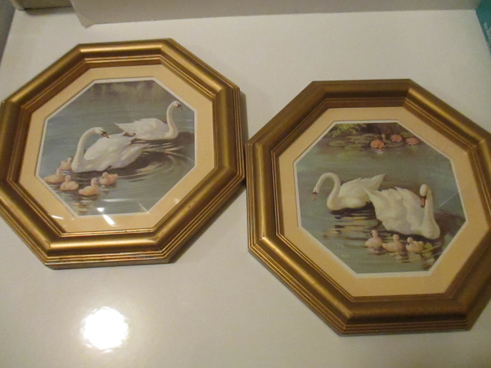 2 Vintage  Homco Swan Pictures Gold Octagon Frames MCM 9.75in