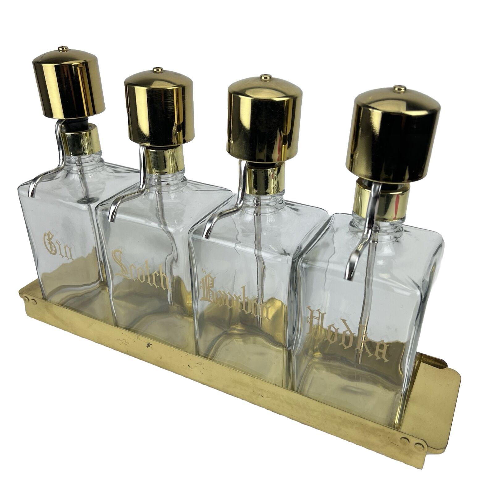 Vintage MCM Glass & Lucite Booze Liquor Decanter Bottle Pump Dispensor Bar Set