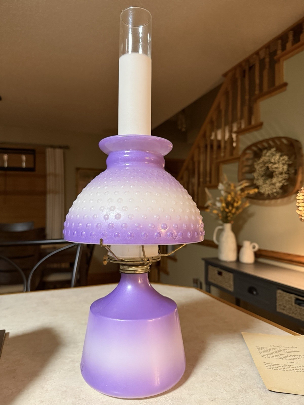 Vintage 1960s Violet Ombre Milk Glass Oil Lamp Hobnail Blendo Dorset w/ Chimney Vintage 1960s Violet Ombre Milk Glass Oil Lamp Hobnail Blendo Dorset w/ Chimney