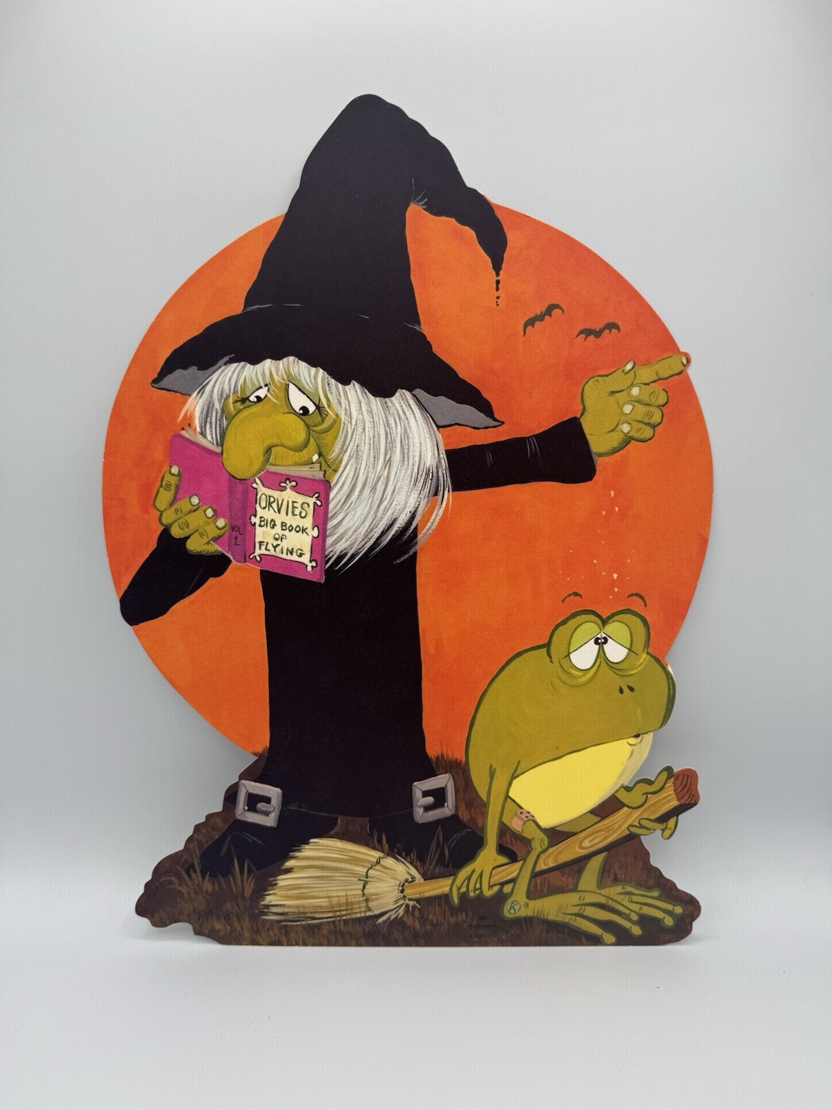 Vintage Halloween Die Cut 1981 Witch w/ Frog on Broom Decoration 14\