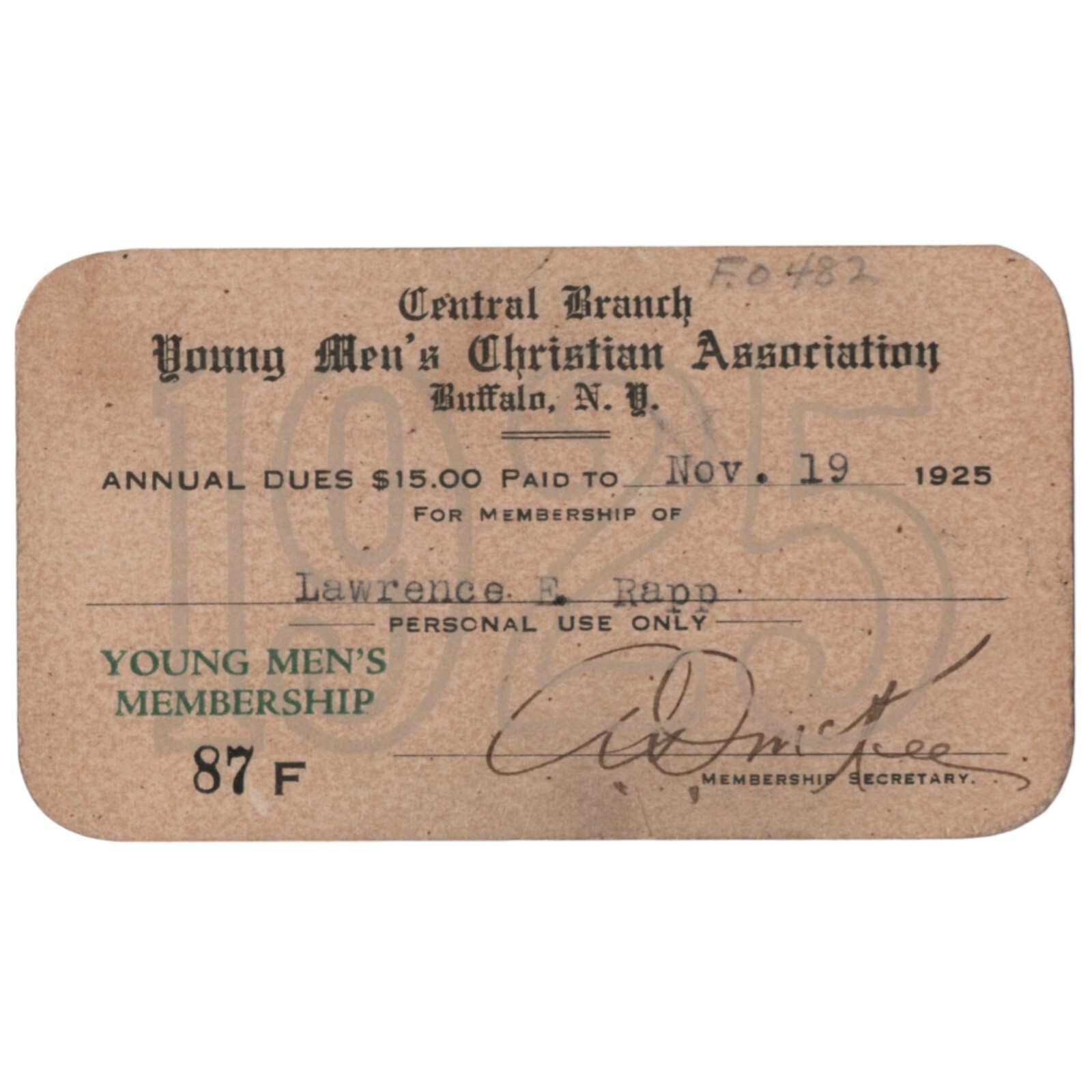 Buffalo YMCA 1925 Membership Card Young Men\'s Christian Association Antique VTG.