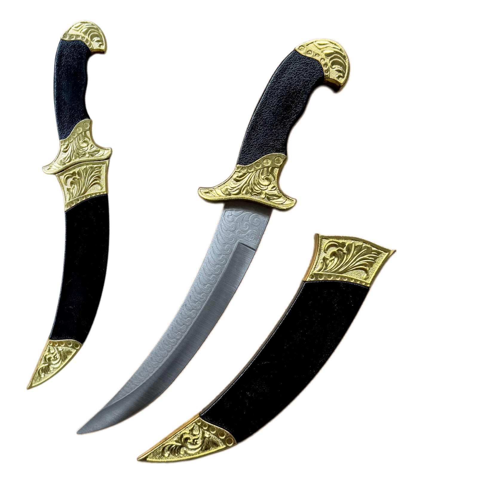 12.99-inch Retro Gold Curved Sword with Sheath, Cloud-Patterned Blade