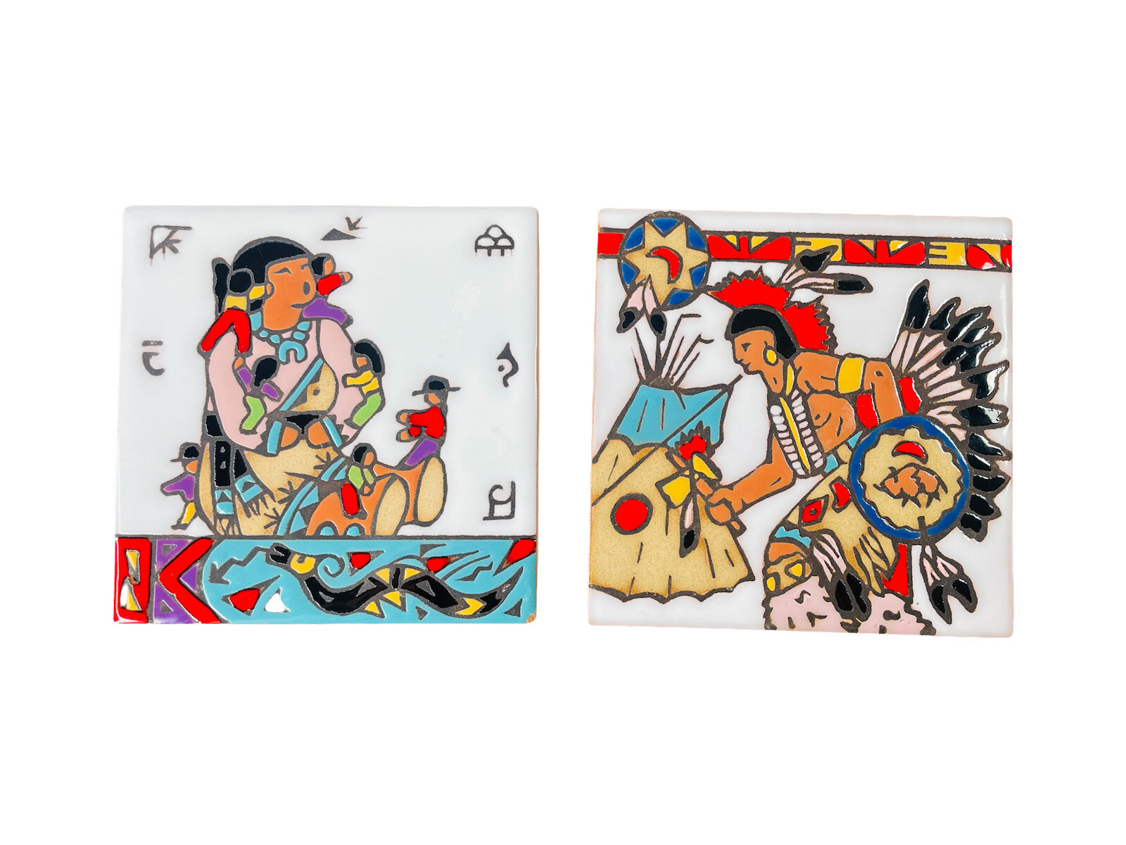 Set of Two Mag Mor Studio Christine Fitzgerald HandPainted Tiles SantaFe Pueblo