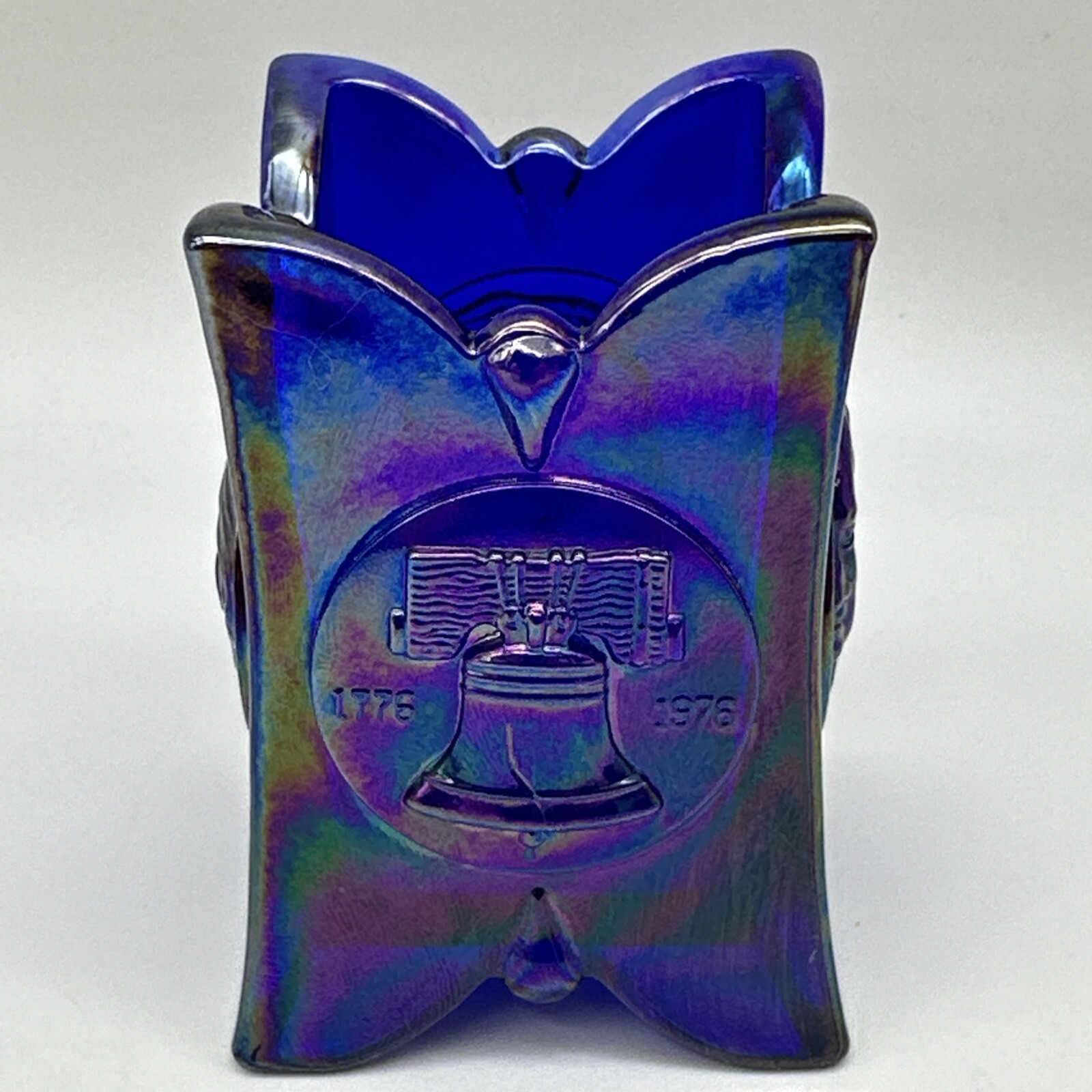 VINTAGE JOE ST CLAIR COBALT BLUE CARNIVAL LIBERTY BELL SQUARE TOOTHPICK HOLDER
