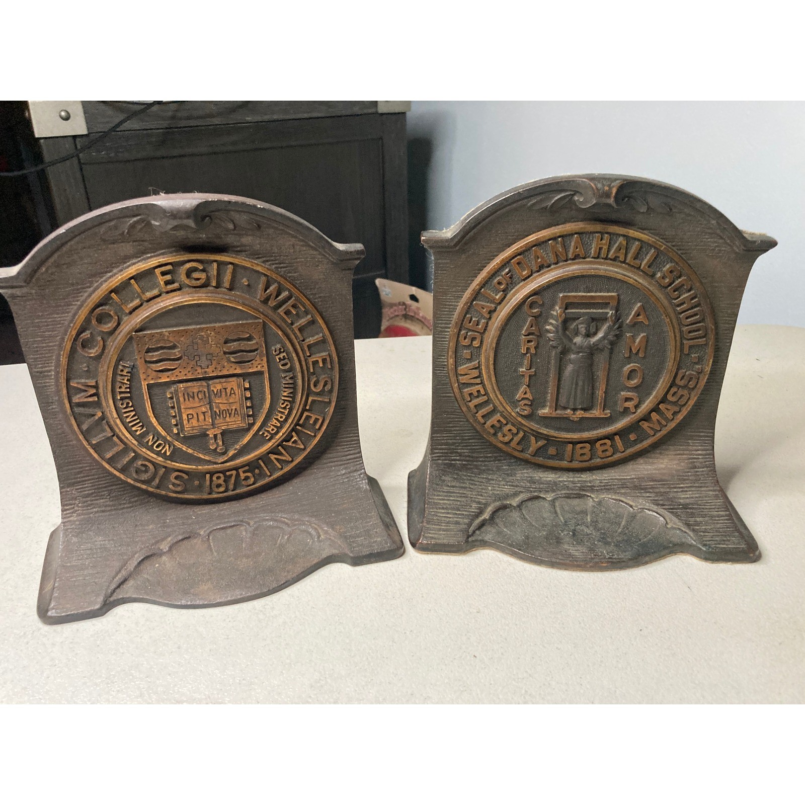Vintage Wellesley College & Dana Hall School Cast Metal Seal Bookends Set Vintage Wellesley College & Dana Hall School Cast Metal Seal Bookends Set