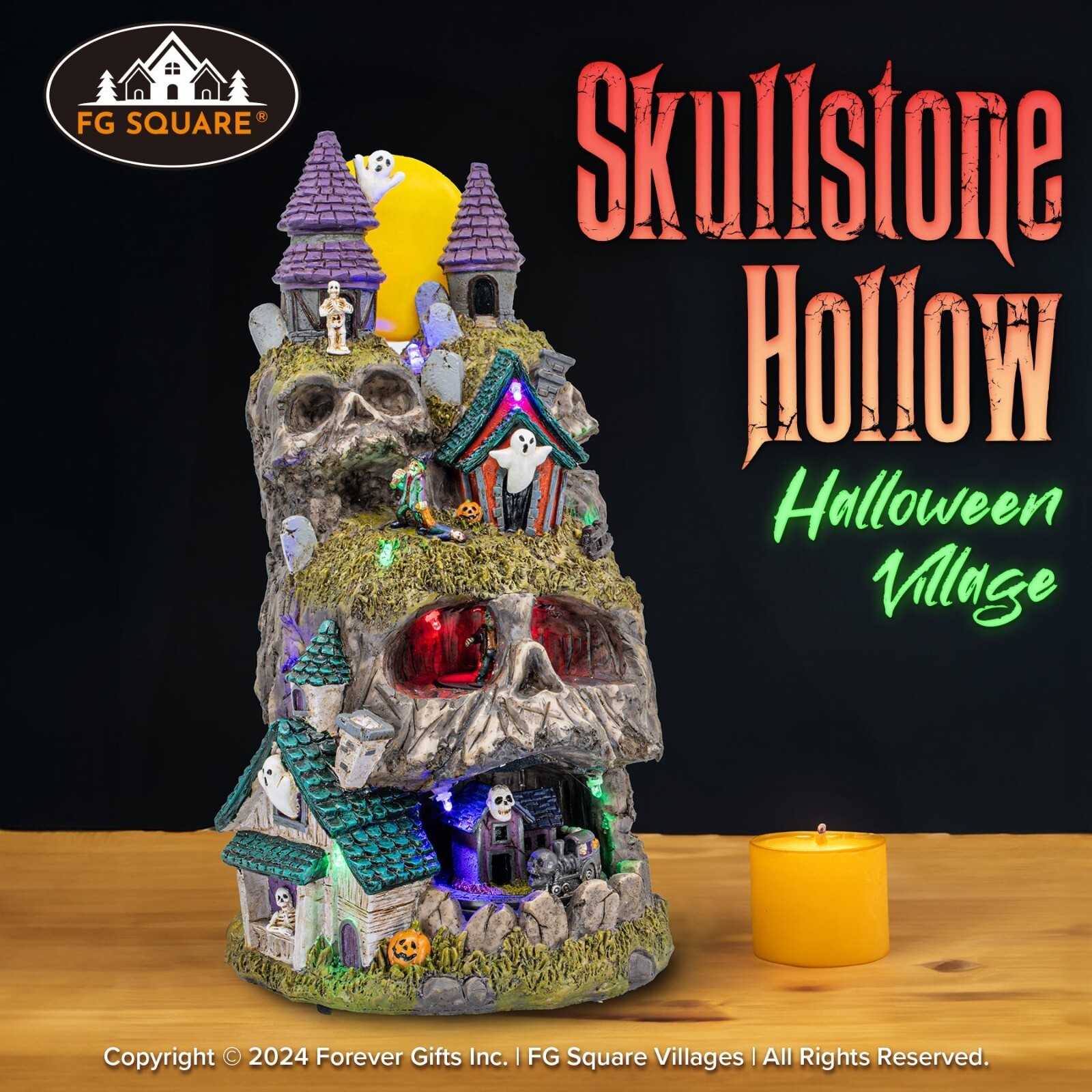 FG Square Skullstone Hollow Skull Theme Spooky Halloween Village Decor 8x8x14