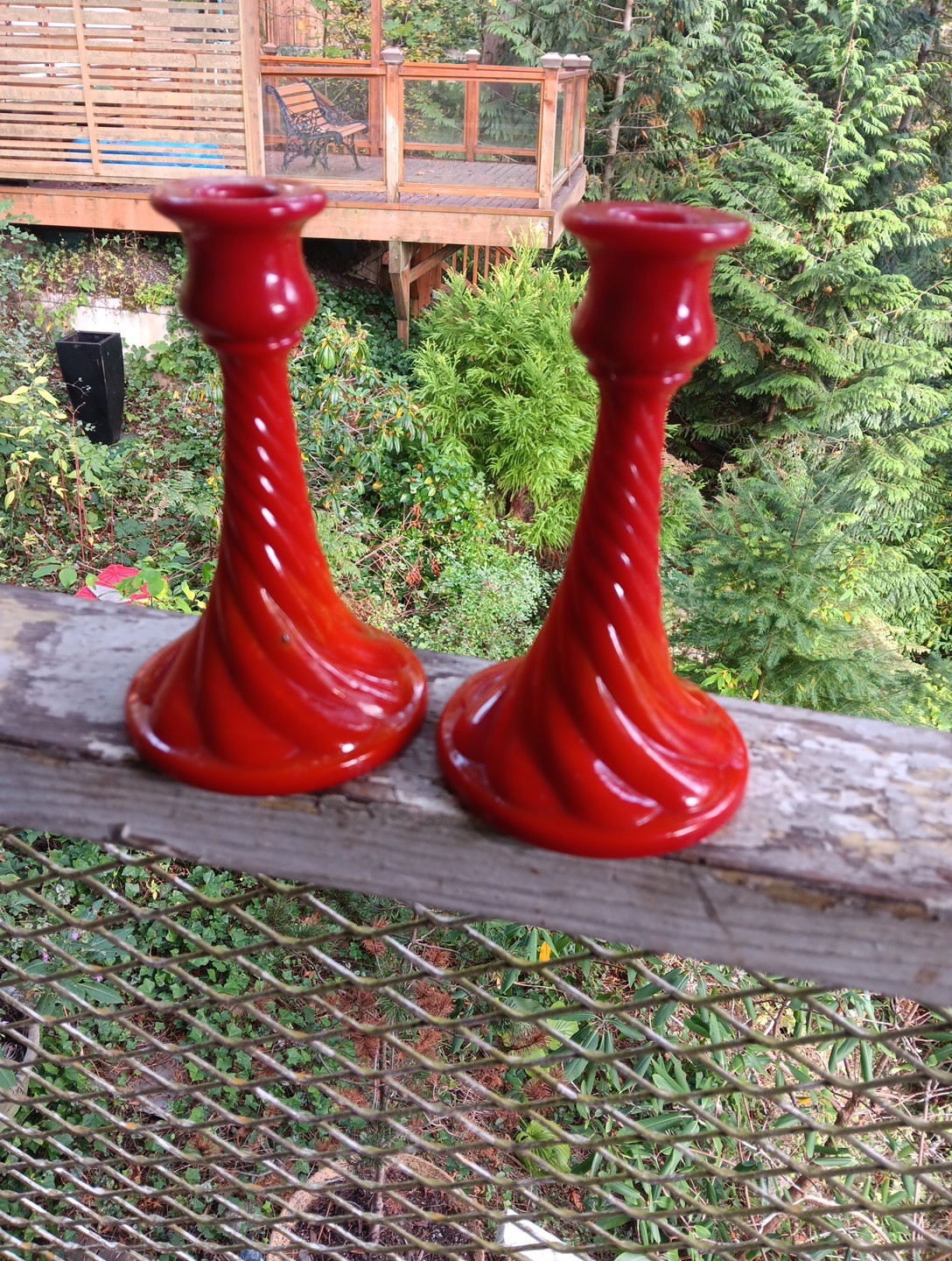 Pair Northwood Glass Chinese Coral Red Twist Candlesticks 