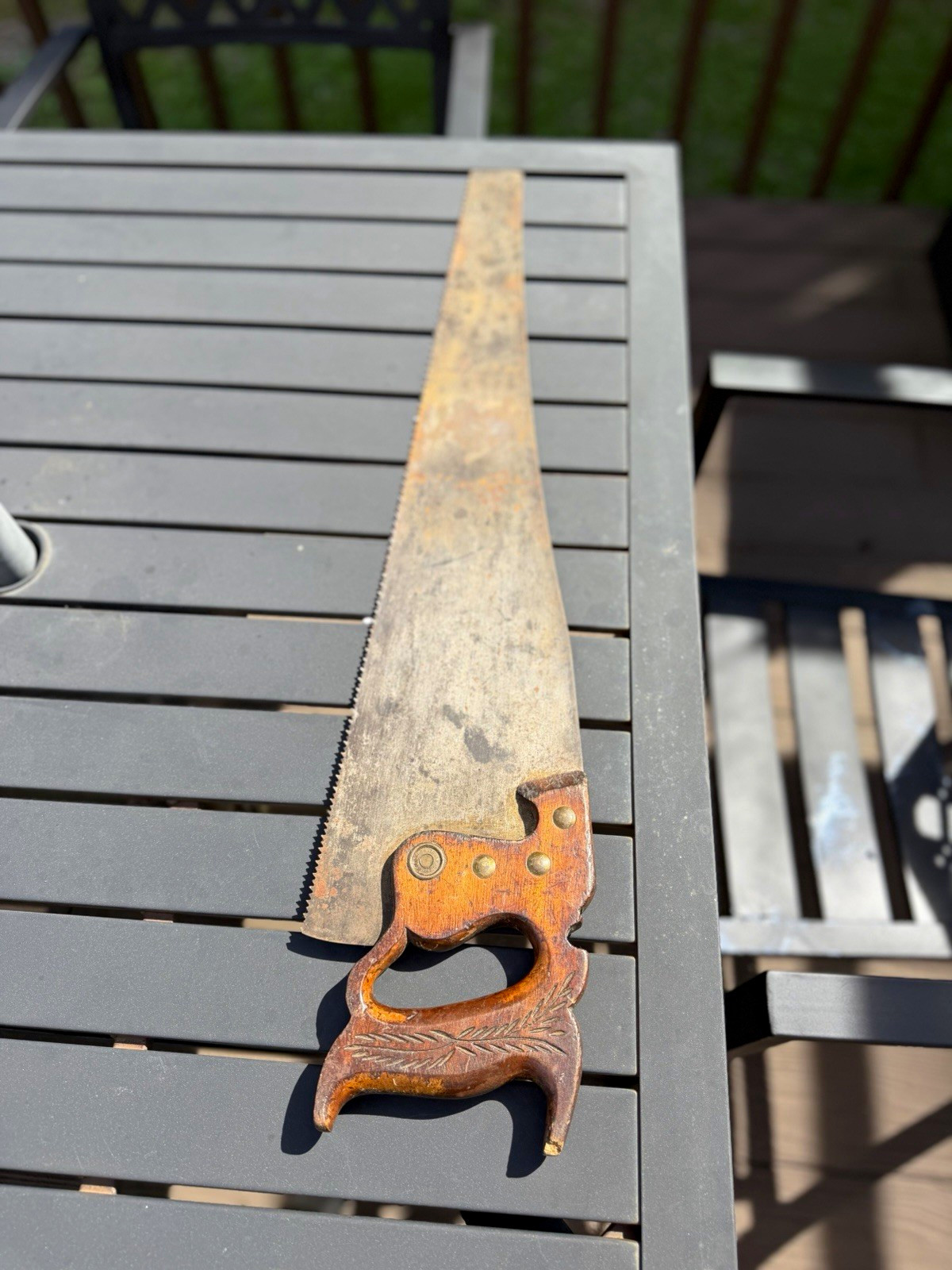 Vintage Original Hand Saw with Carved Ornate Wooden Handle Collectible