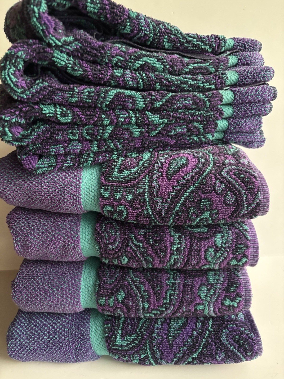 RARE 8 Pc Vtg Fieldcrest Royal Velvet Bath Hand Towels Paisley Purple Teal '80s