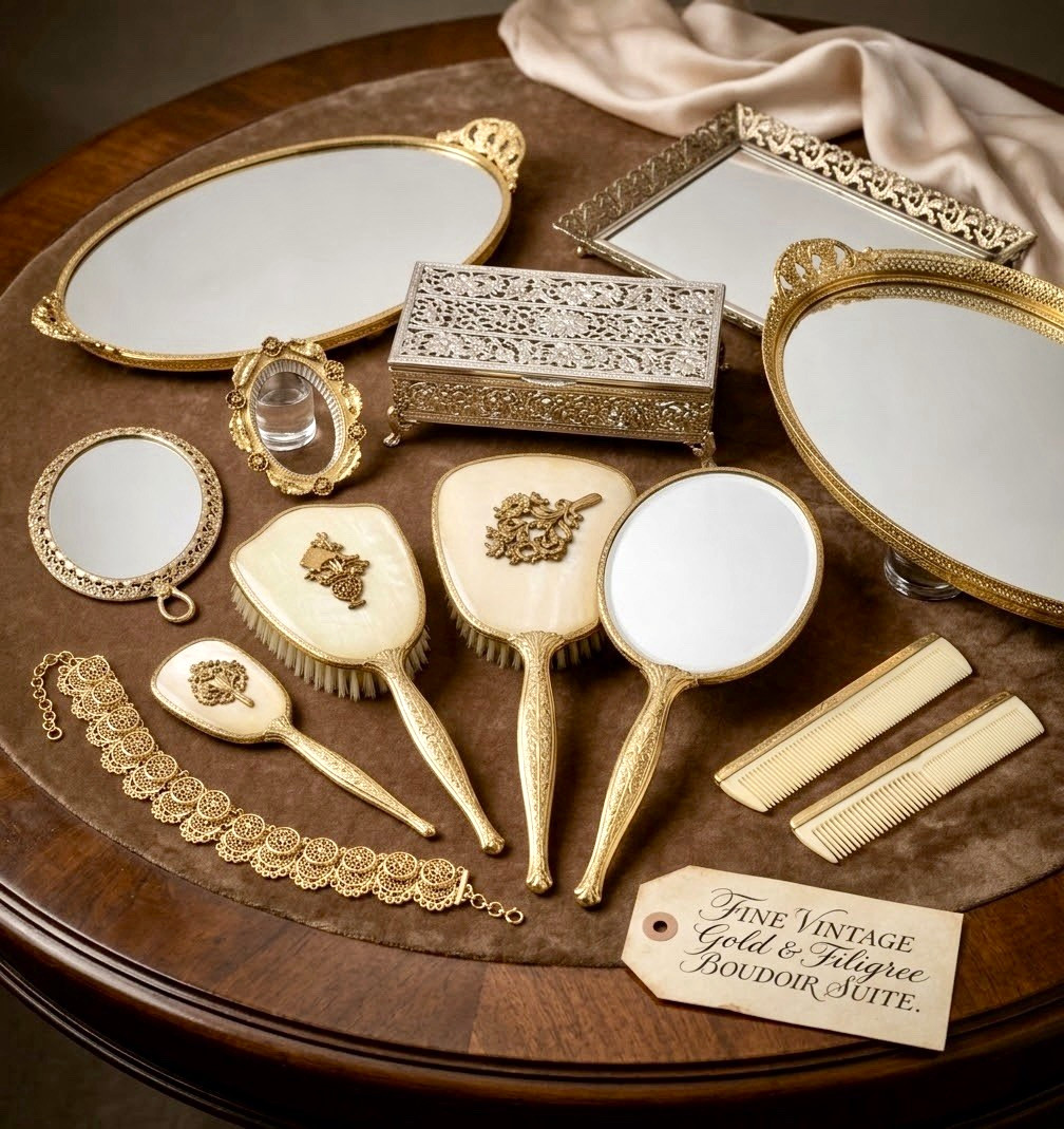 Vintage Gold Filigree Boudoir Vanity Set w/ Mirrors Brushes Combs & Box