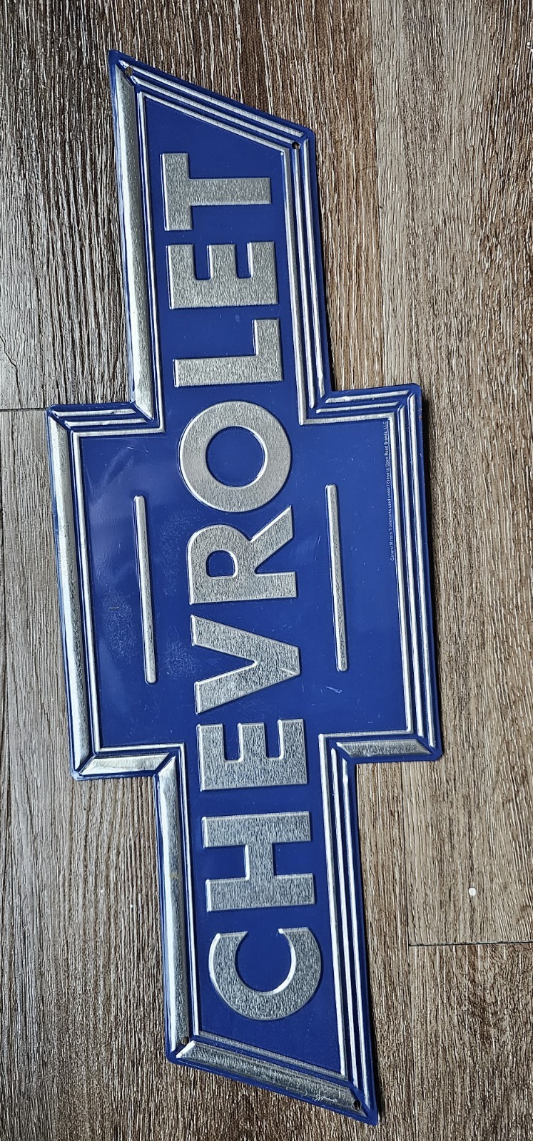Chevrolet Bow Tie Logo Embossed Metal Chrome Auto Garage Gas Oil Parts Man Cave
