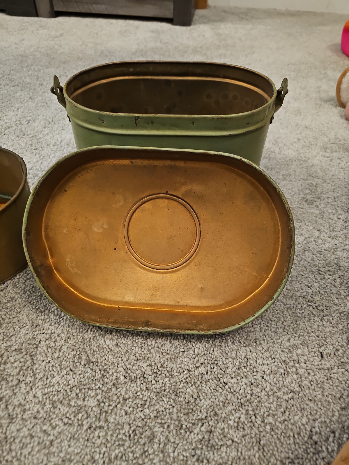 Vintage 1920's Salesmans Lunchbox, Copper Look Inside, Green Outside