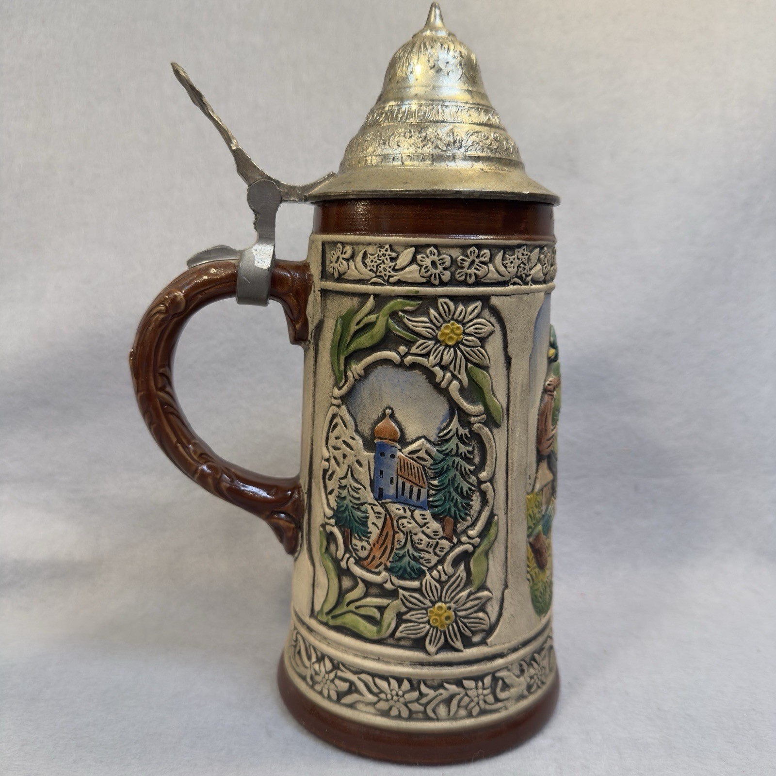 Vintage Gerz West Germany Beer Stein Hand Painted Alpine Courtship Relief Pewter