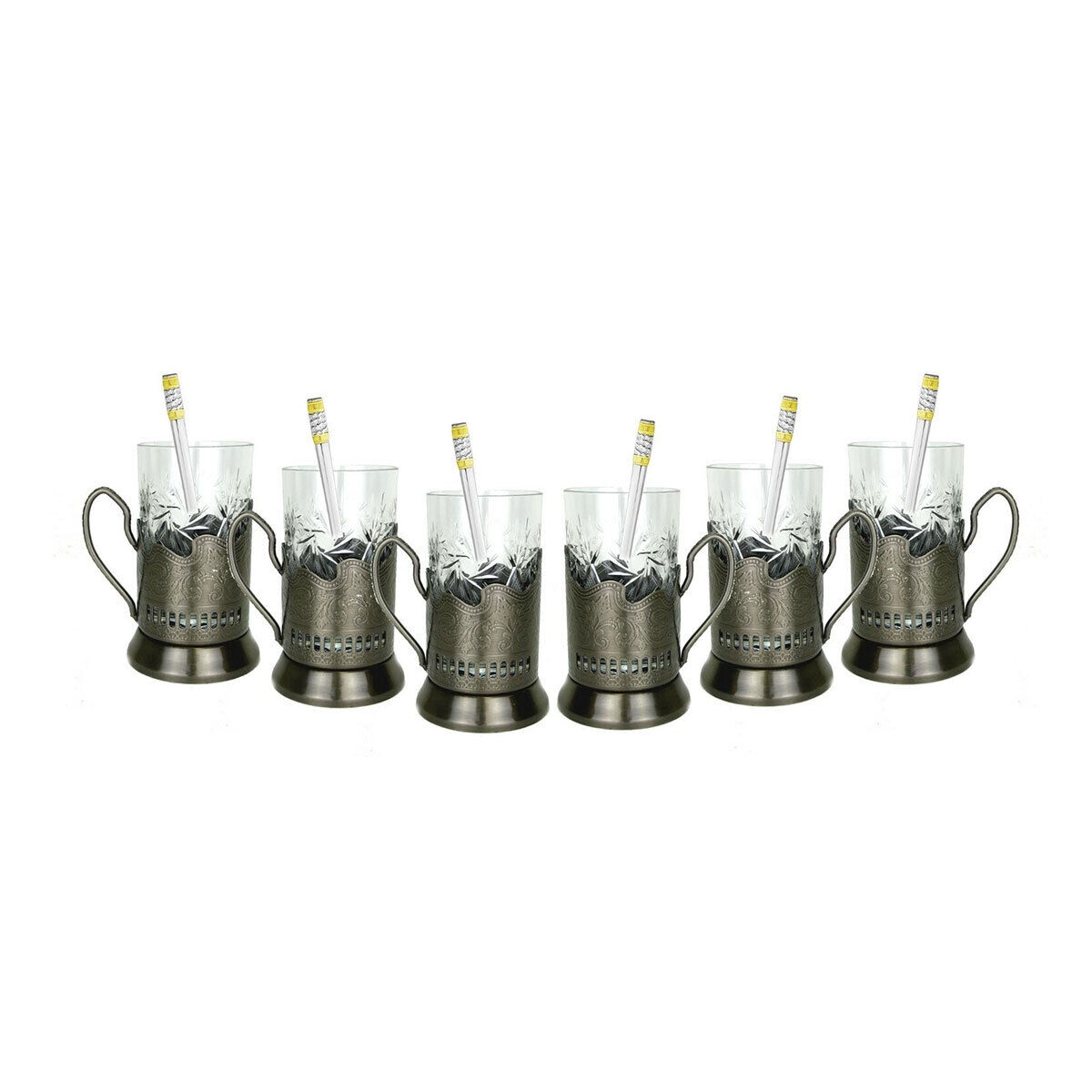 18-pc Set Russian Tea Glass Holders Podstakannik & Cut Crystal Glasses & Spoons