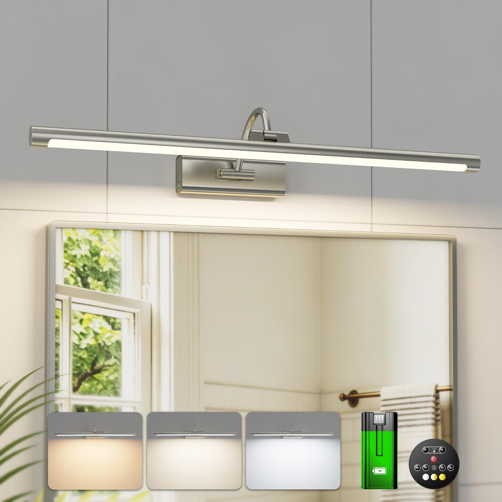 Wireless Battery Vanity Lights for Mirror Brushed Nickel 24 inch