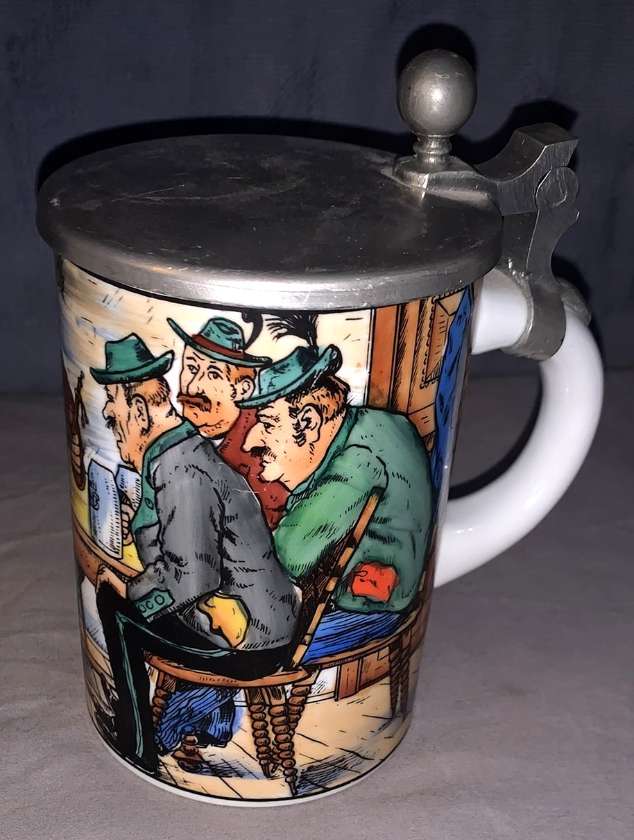 Nice  Pictorial  Beer  Stein or Mug  Men Sitting at Table  Dog on Chair
