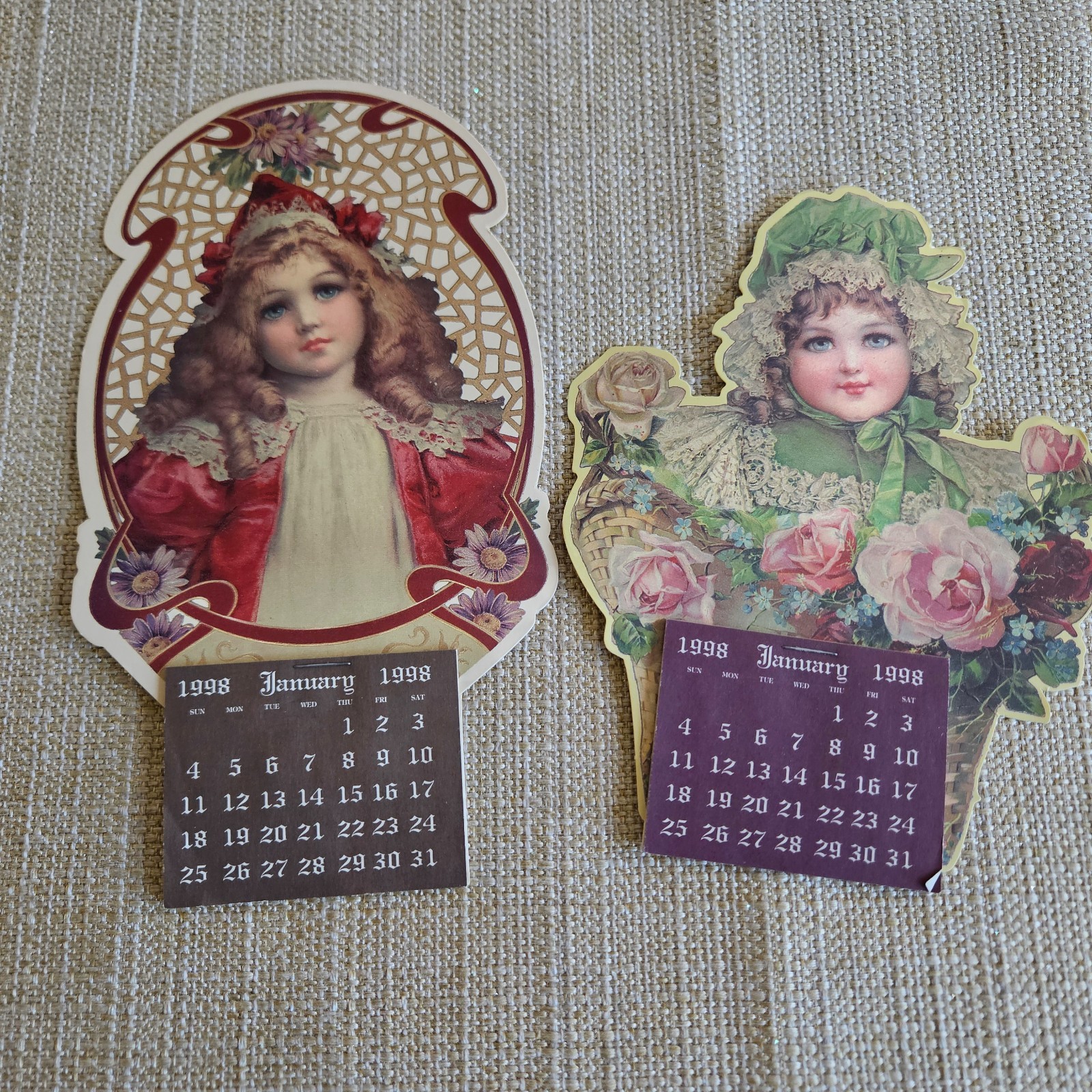 Vtg 1998 Victorian Calendars Gallery Mini Magnetic Girls Roses Set of 2
