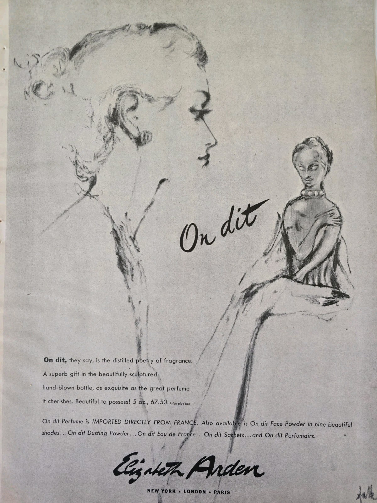 1952 Elizabeth Arden On Dit Perfume figural bottle vintage Art Ad 