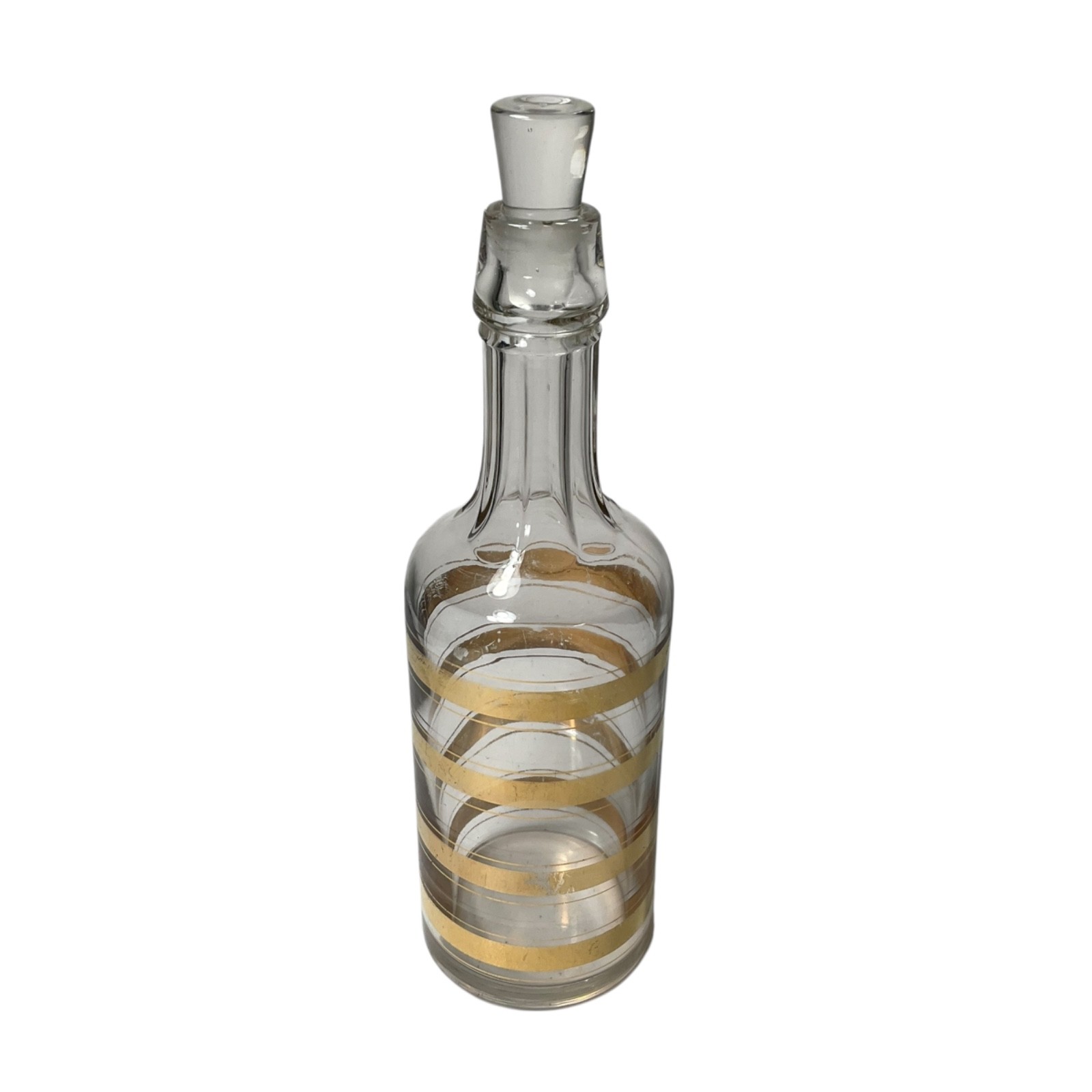 Mid-Century Style Vintage 12” Gold Striped Decanter W Glass Stopper Art Deco
