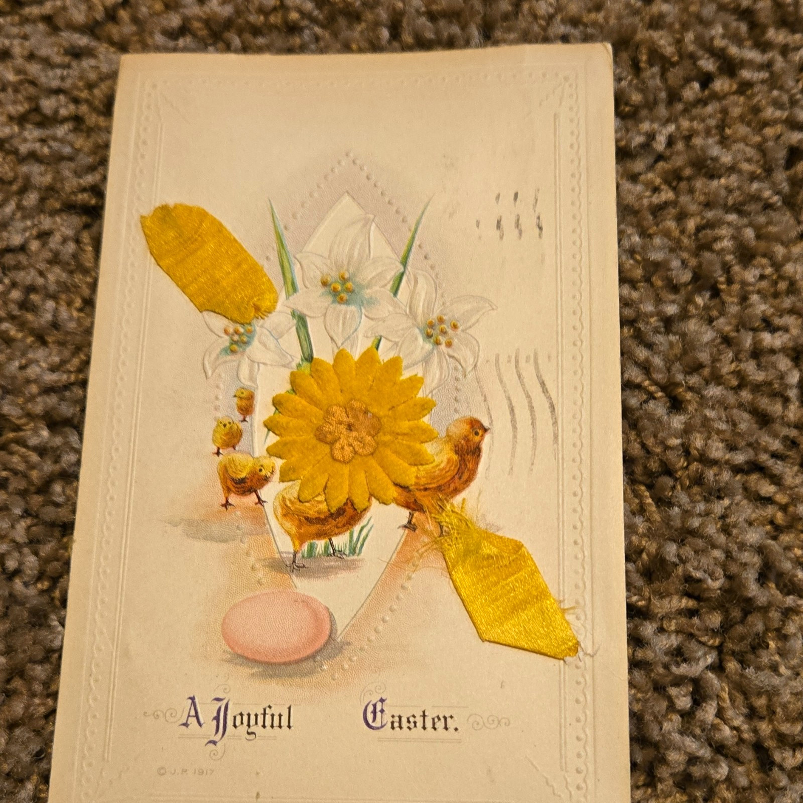 Antique 1917 Easter Postcard Embosssed Applied Fabric 