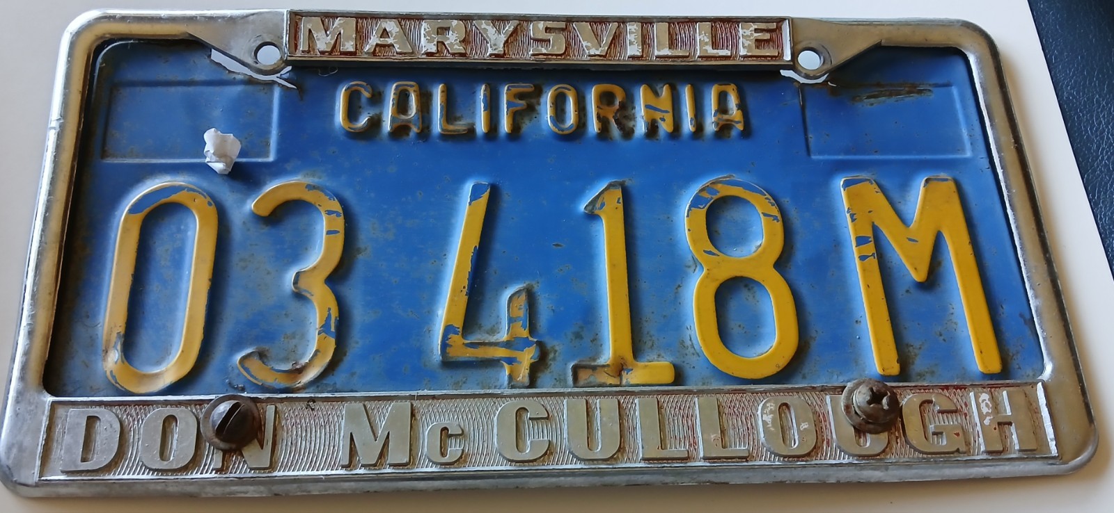 Vintage Marysville CA McCullough Dealership License Plate Frame Metal Raised