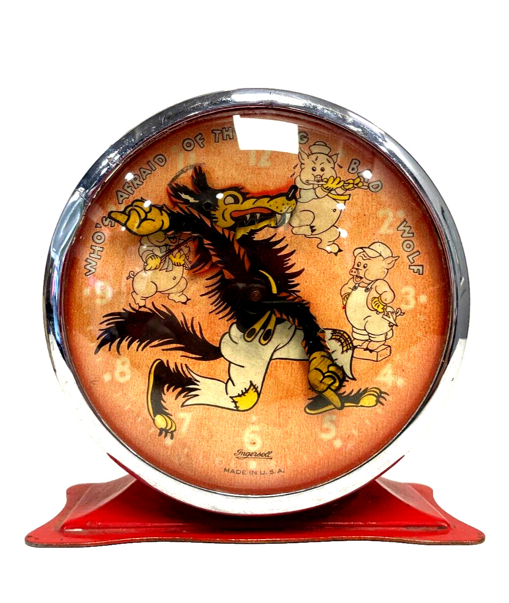 1934 Three Little Pigs & Big Bad Wolf Disney Ingersoll Alarm Clock With Partial