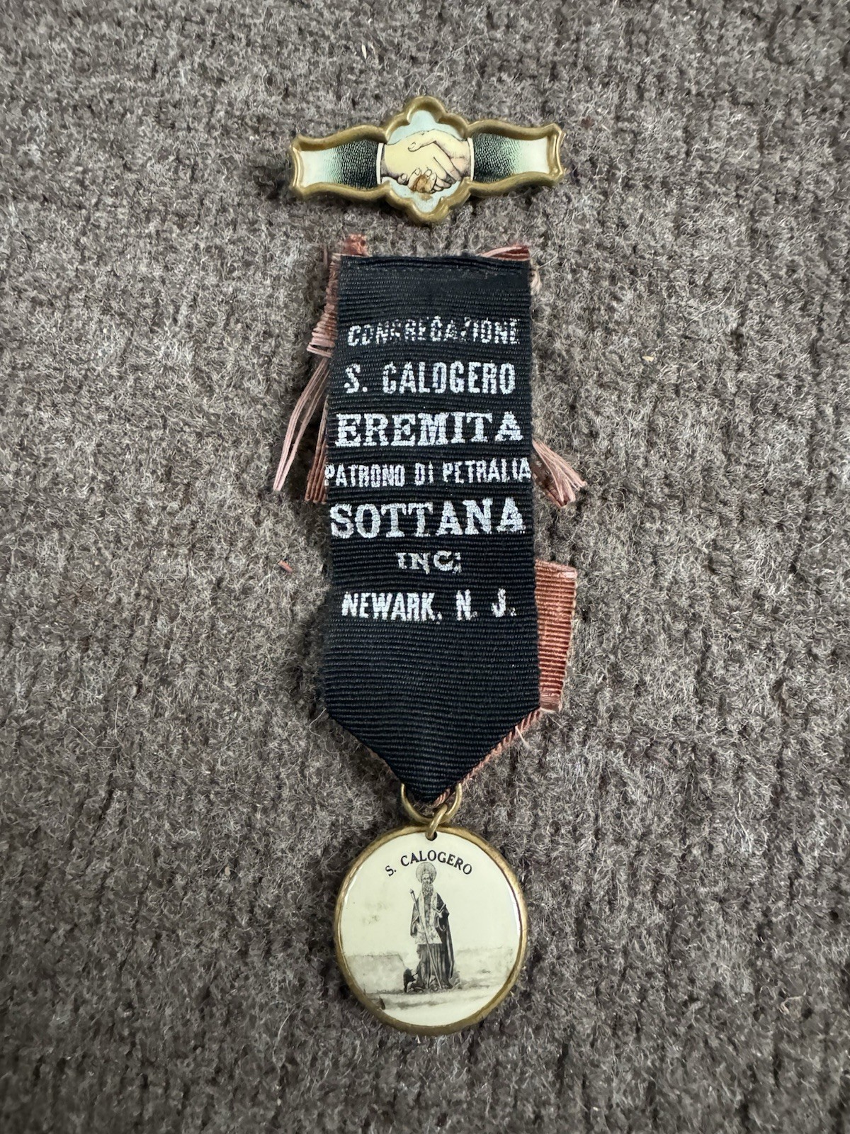 Antique San Calogero Pin Ribbon Medallion Handshake Newark New Jersey Church