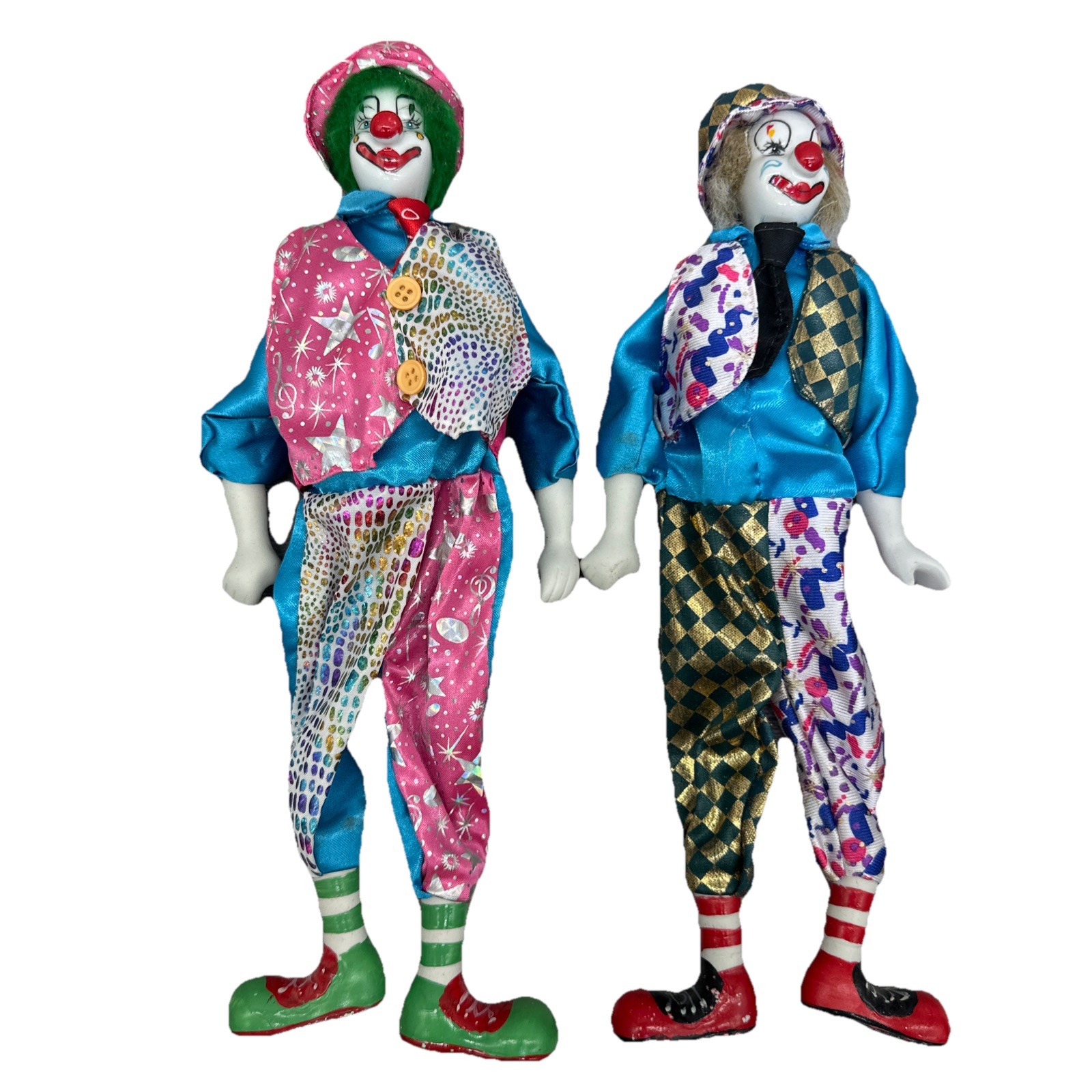 2 Vintage Clown Hanging Leg Figurines in Mismatched Outfits CUTE {FF}