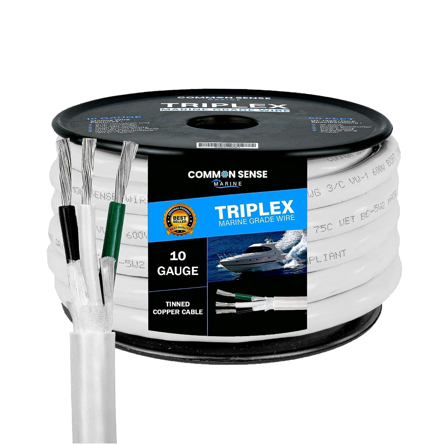 10 Gauge 3 Conductor Marine Wire - 18 Ft Triplex round Marine Grade Wire Tinned