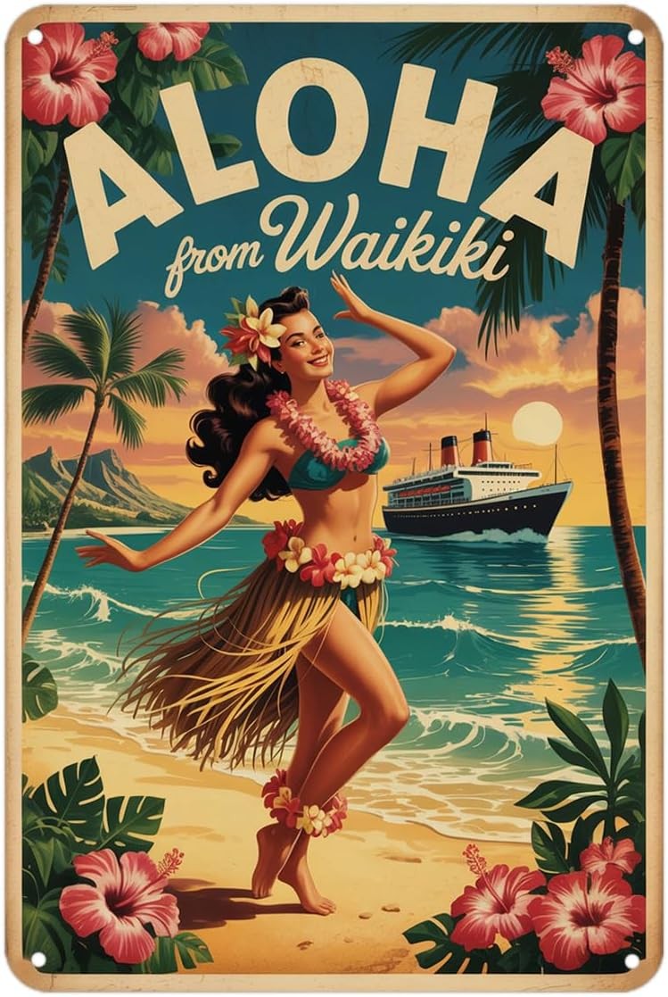 Aloha Waikiki Vintage Hula Girl Beach Tin Metal Signs Home Décor 8x12