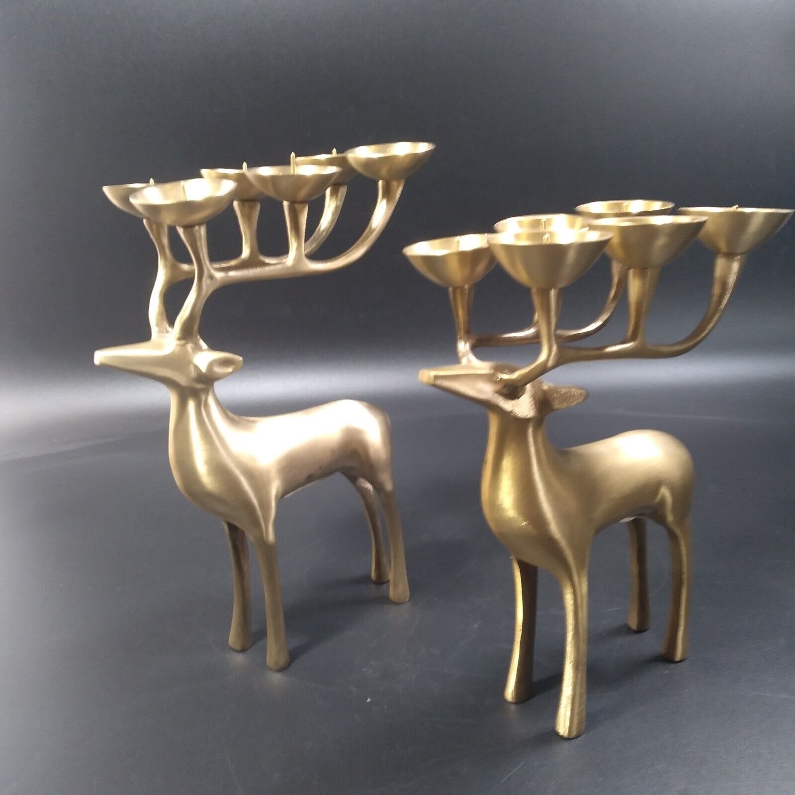 2 Vintage Brass Deer Reindeer Candle Holders Antlers with 6 Pins Holders Each