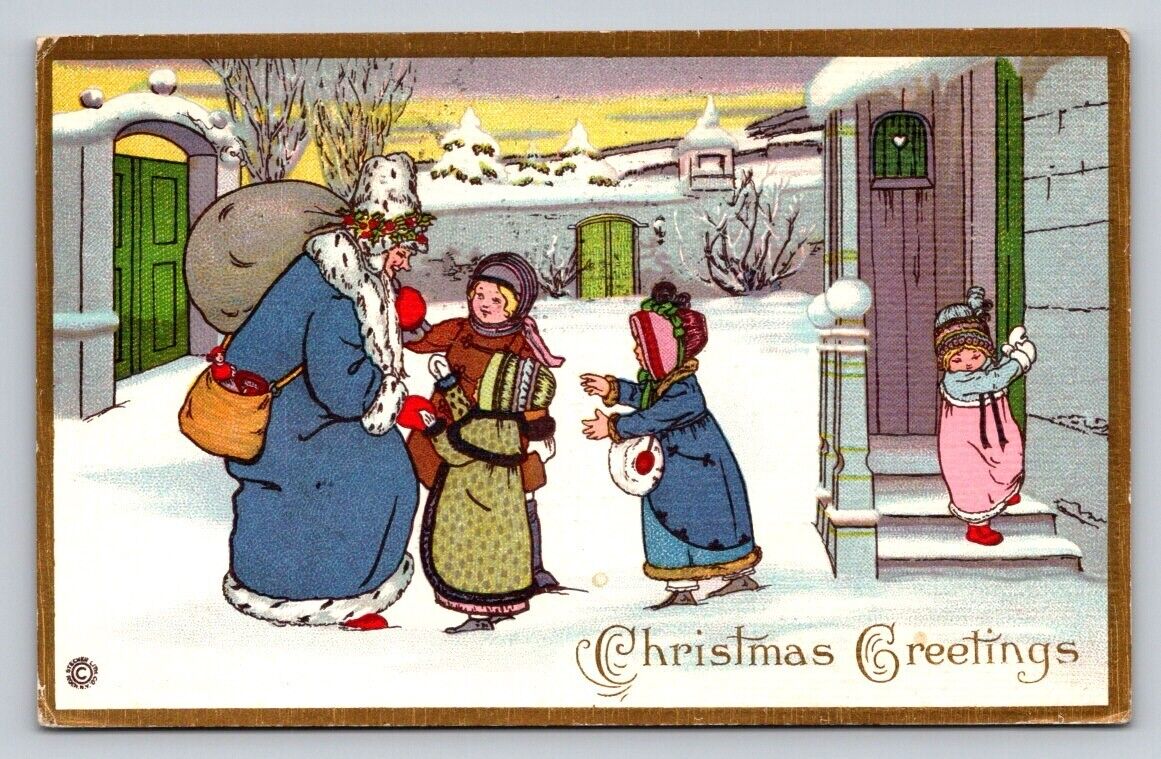 c1915 Beardless Blue Robe Santa Claus Toys Children Sack Snow Christmas P104A