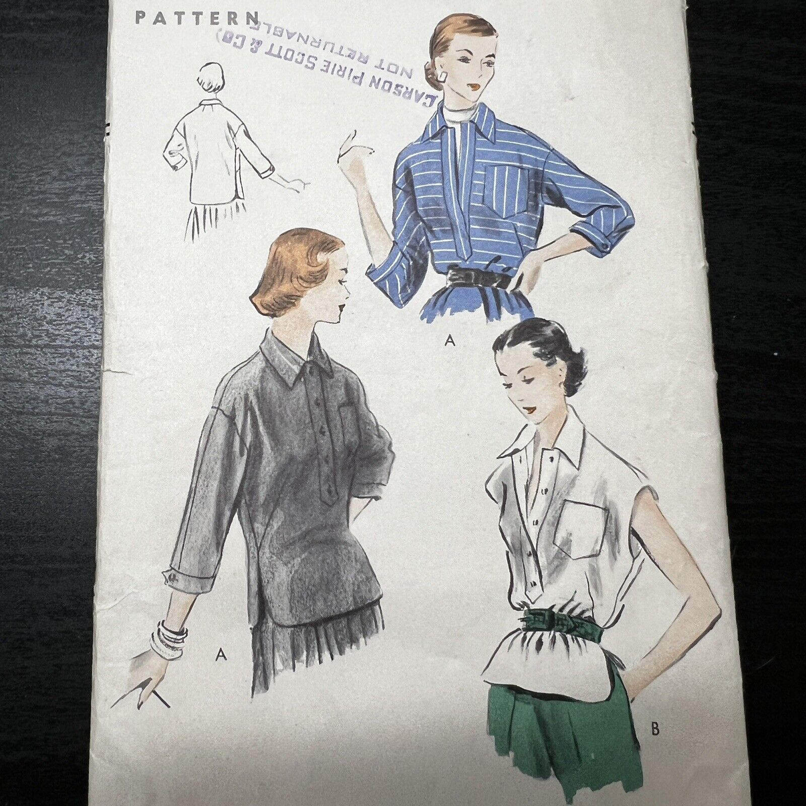Vintage 1950s Vogue 7791 Collared Shirt Blouse Top Sewing Pattern 16 Small USED