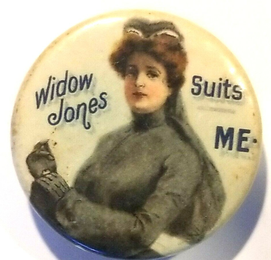1890\'s Widow Jones Suits of Maine Chromolitho Shirt Place Holder Button Pinback