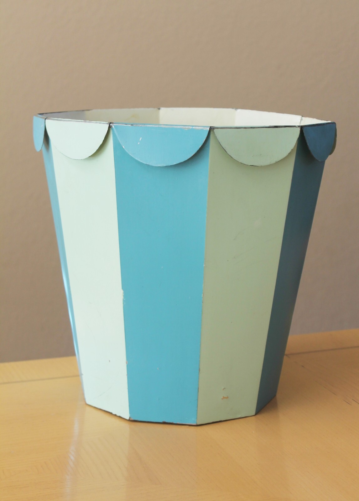 RARE MID CENTURY TIN WASTE BASKET BLUE 50s 60s MCM ATOMIC VTG DECOR TRASH MOD