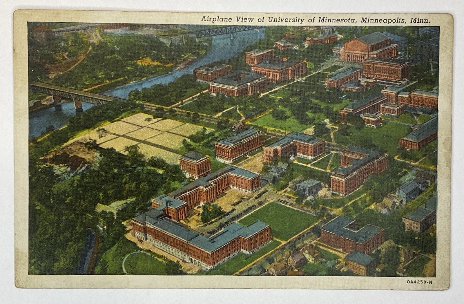 Minneapolis MN, University of Minnesota Airplane Aerial View Linen Postcard