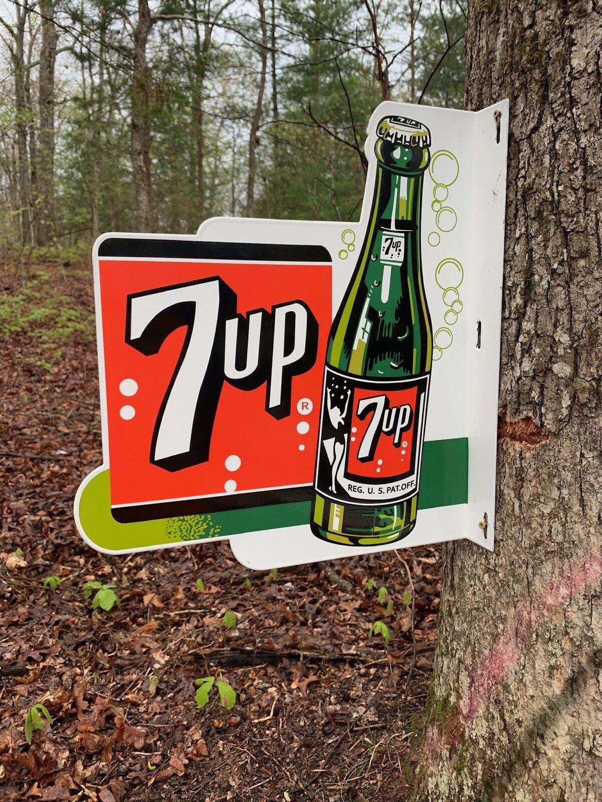Porcelain 7UP Double Sided Flange Advertising Sign 15X18 In