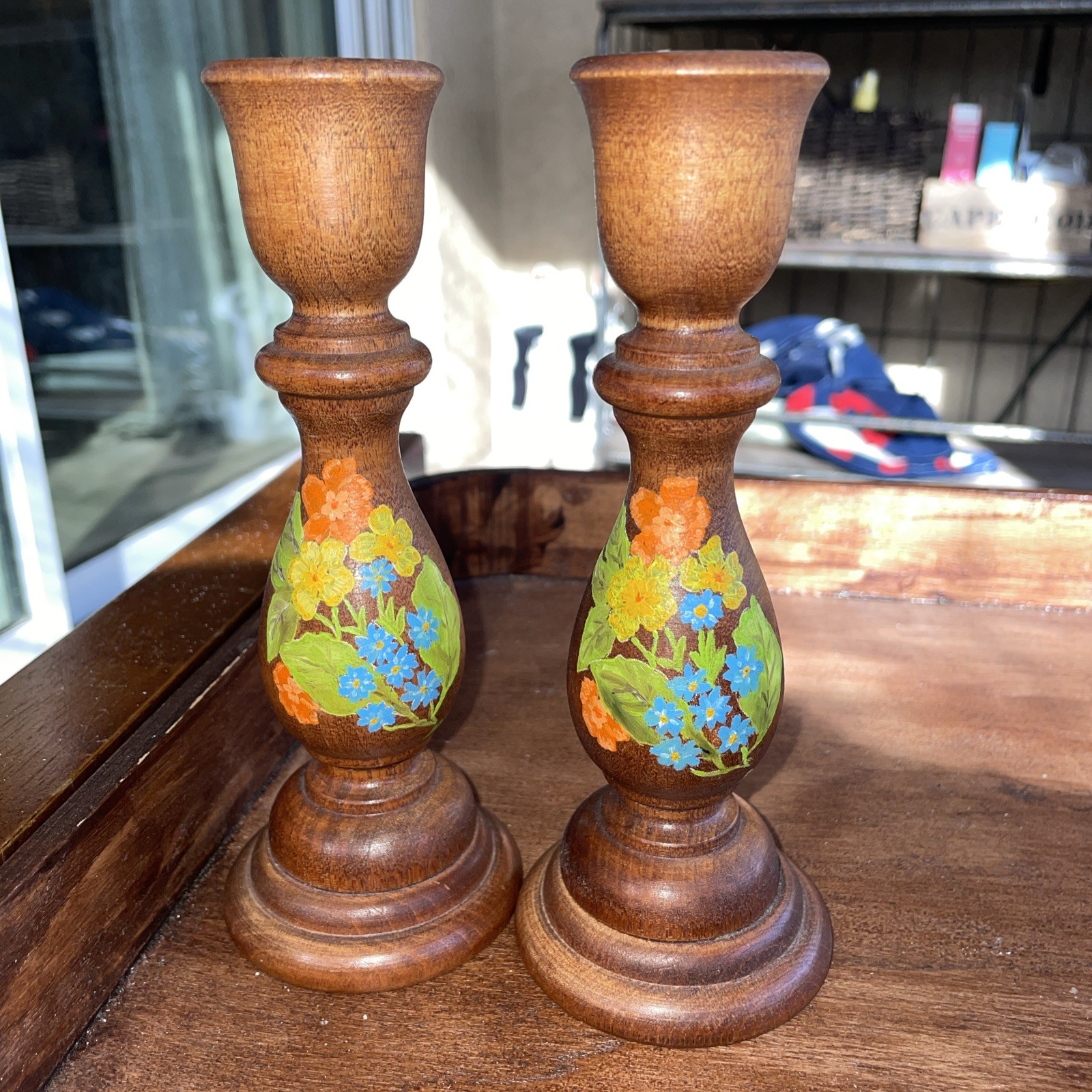 Vintage 1981 Hand Painted Wooden Candlestick Holders Matching Pair Signed B \'81