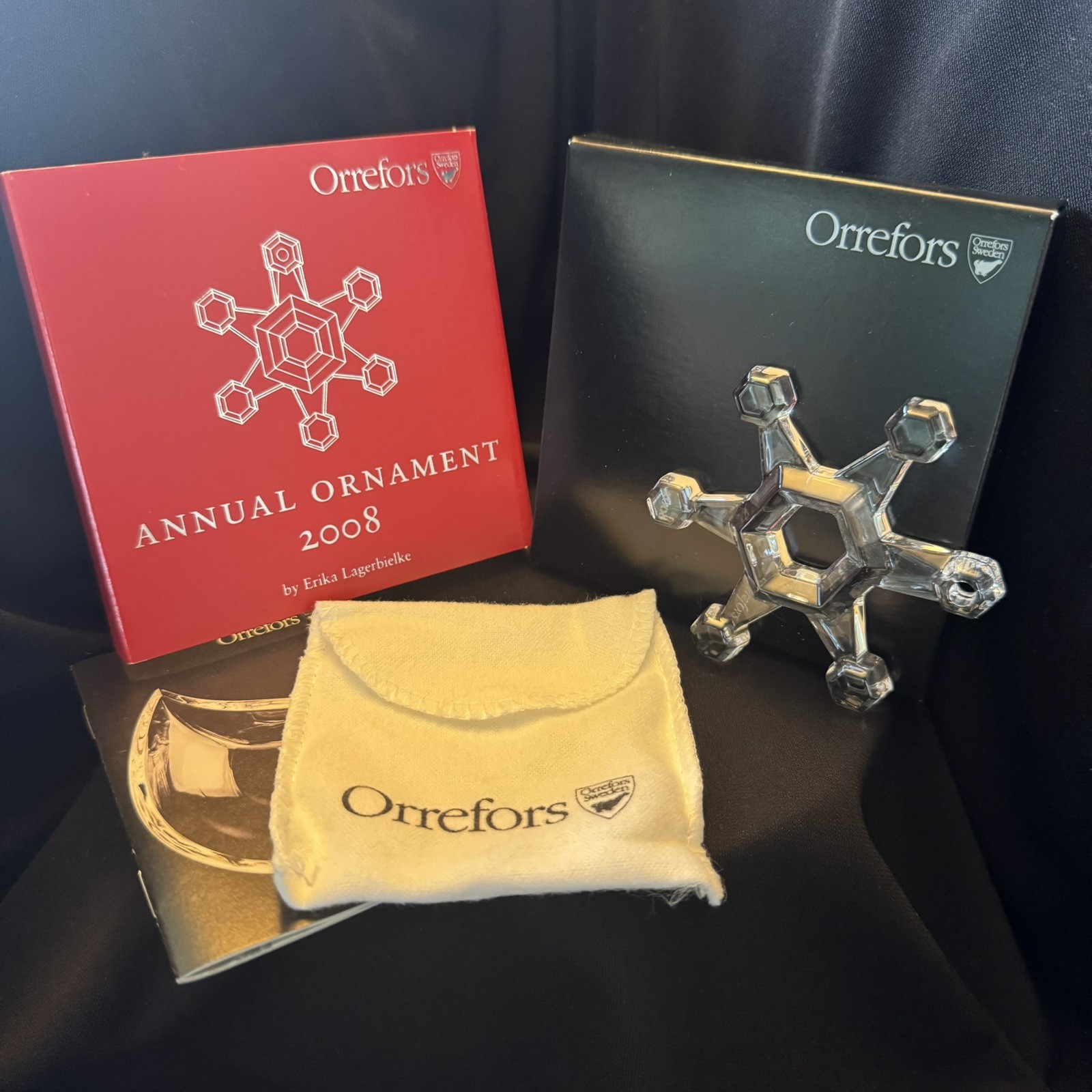 Orrefors Sweden 2008 Crystal Star Snowflake Christmas Ornament w/bag & box Orrefors Sweden 2008 Crystal Star Snowflake Christmas Ornament w/bag & box