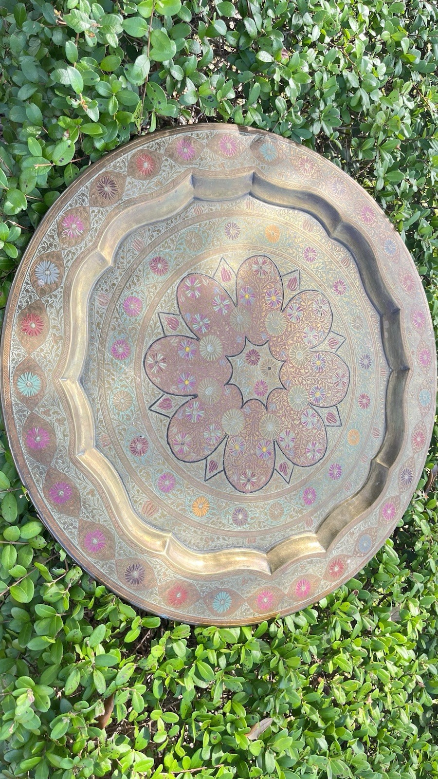 Vintage LARGE 20” BRASS TRAY  Made in India Shown In Pictures
