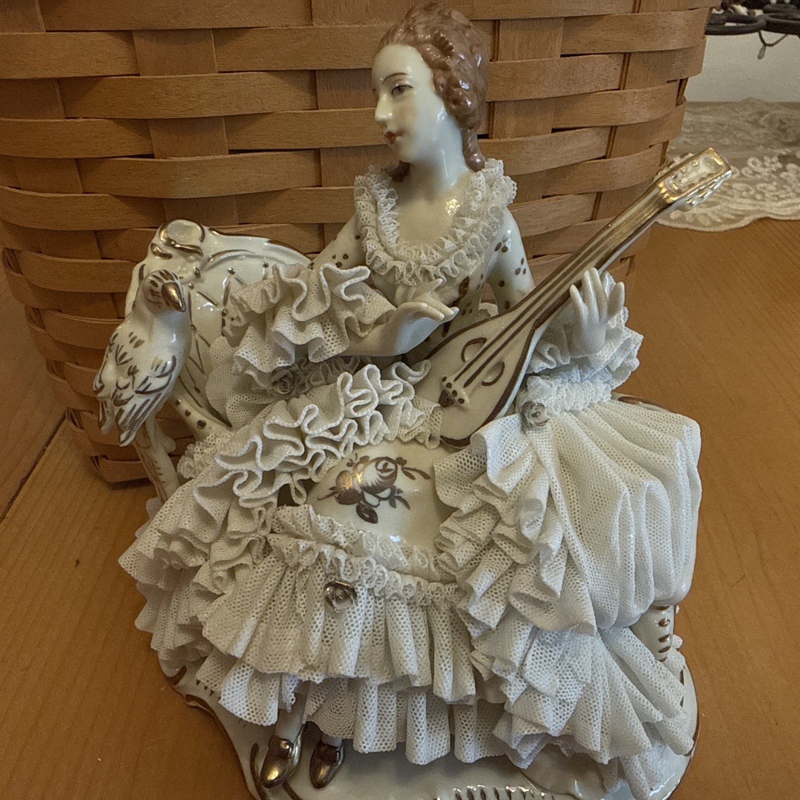 Vtg Dresden Porcelain Lace Woman Lady Parrot Bird Mandolin Figurine 