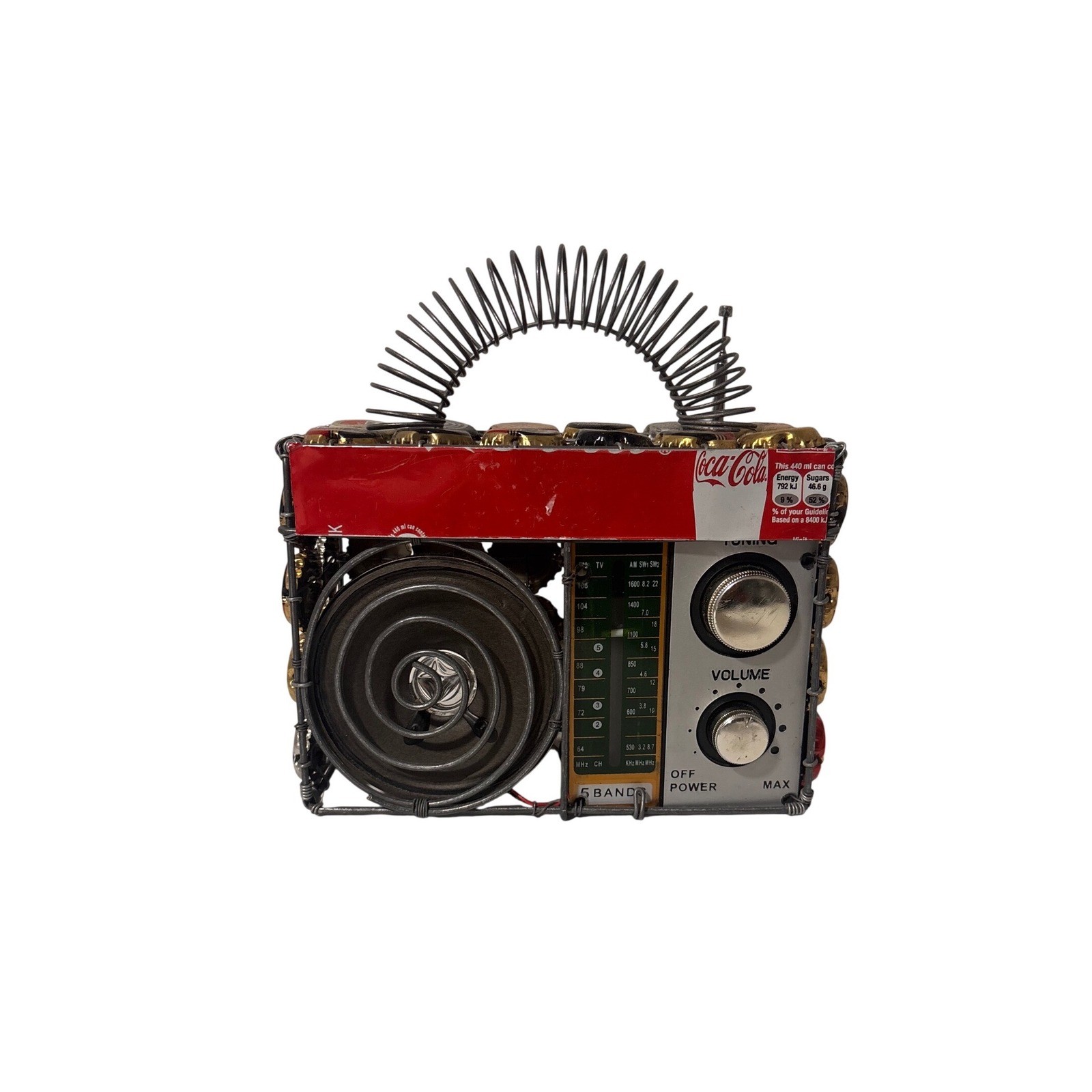Handcrafted Recycled Coca-Cola Bottle Cap Folk Art Radio Sculpture Red Multi