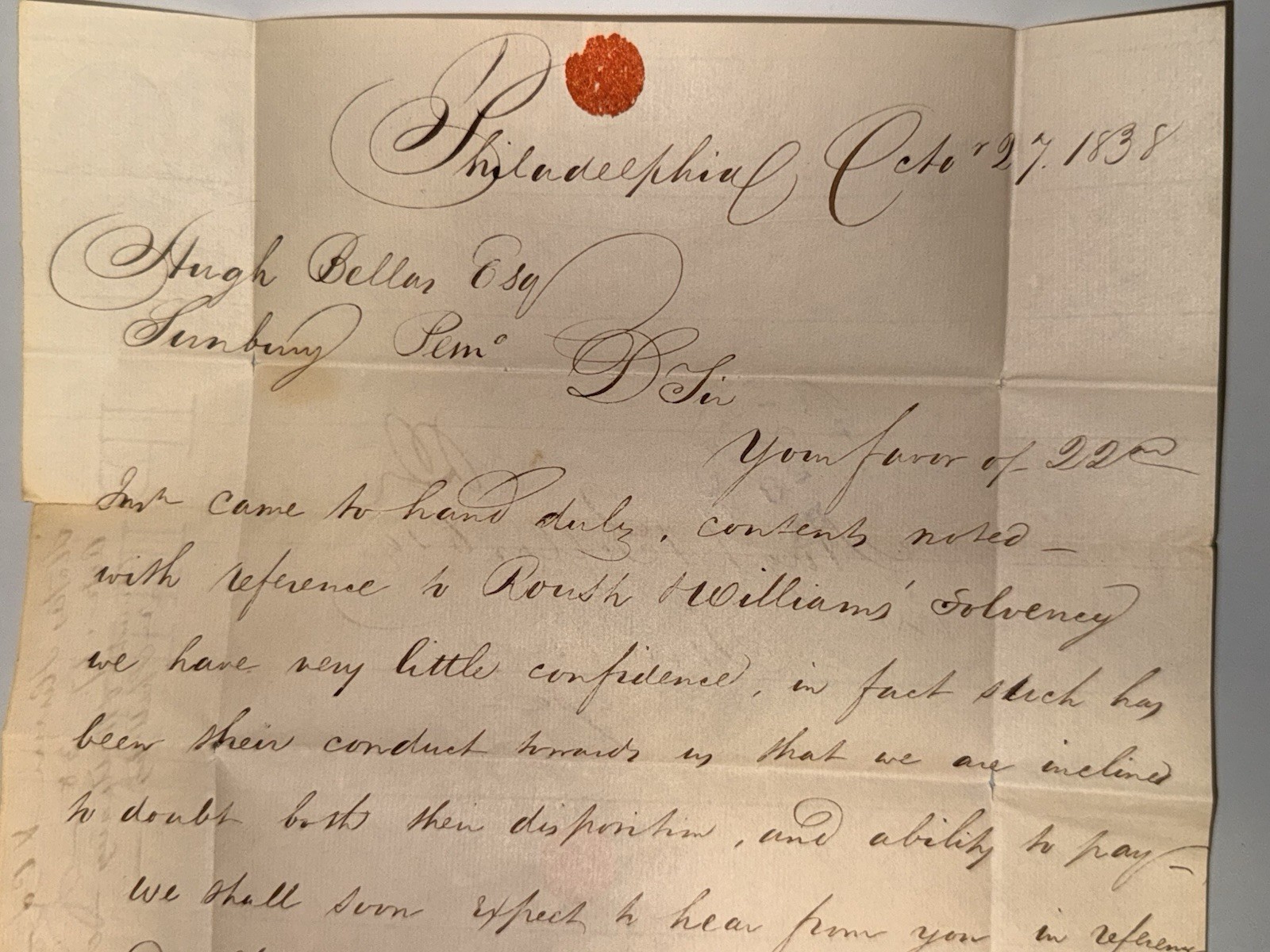 1838 Antique Letter Philadelphia Stokes Hunn & Co. Roush & Williams Debt History