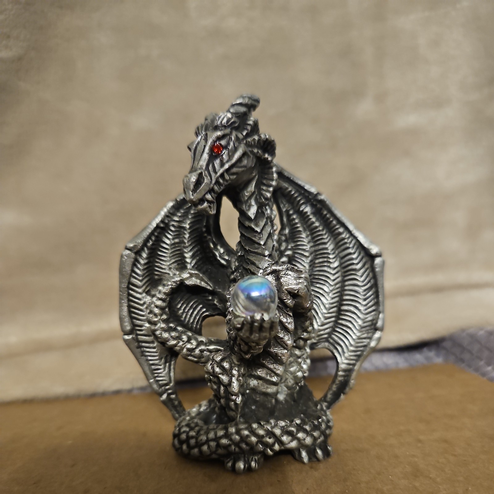 1995 Vintage Solid Pewter Sunglo Jeweled Dragon Figure With Crystal Ball 3.5”