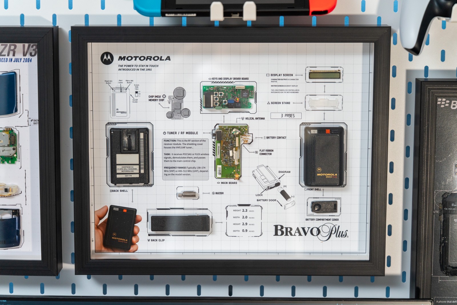 Motorola Bravo Plus Pager Teardown Art, Vintage Tech Display, Retro Electronics
