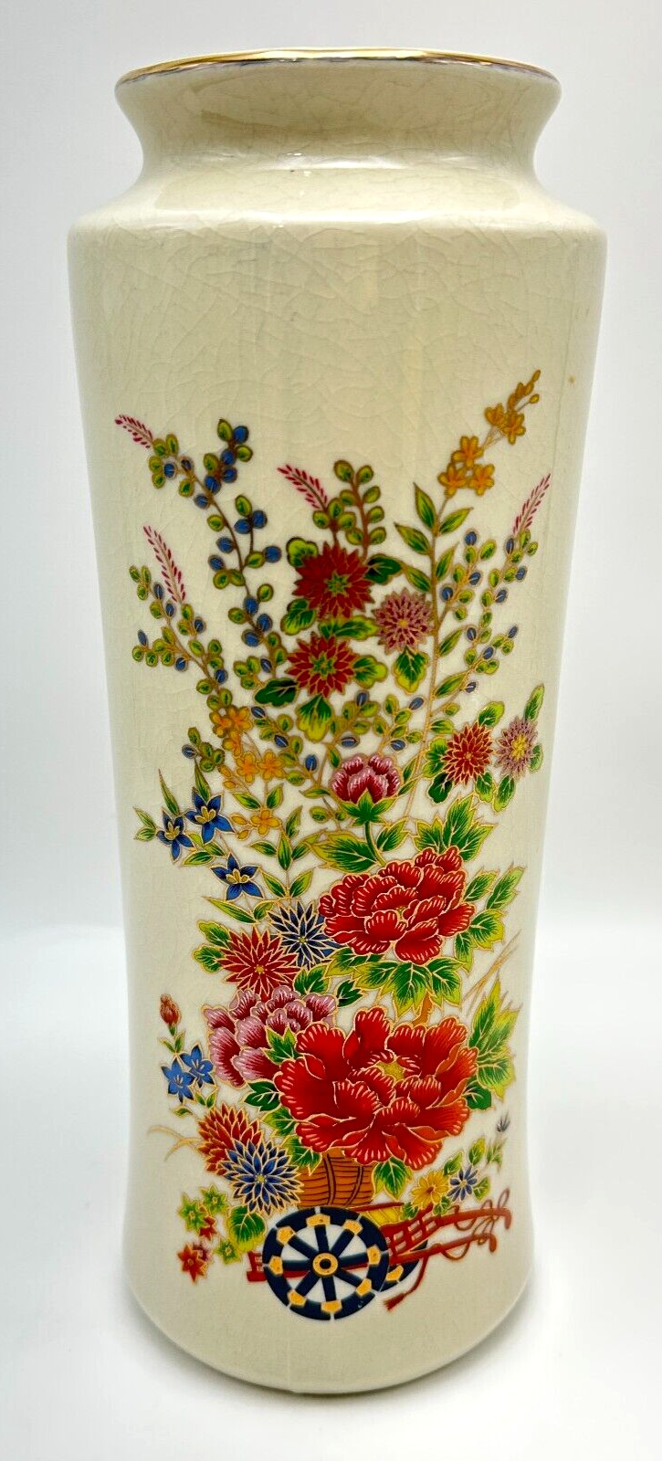 Japanese Vintage 11in Ceramic Vase Beige Floral Crackle Glaze Gold Trim Decor