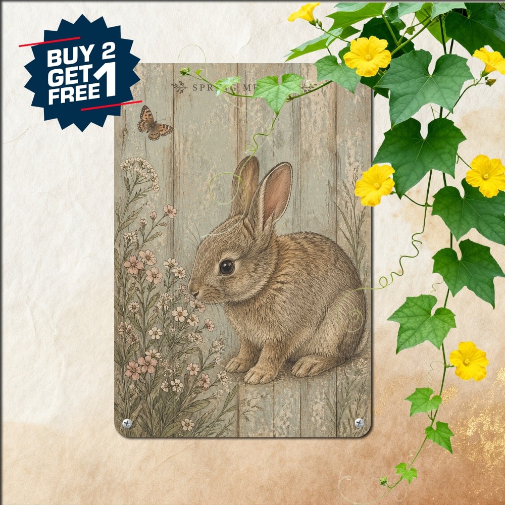 Charming Farmhouse Rabbit Metal Wall Sign Vintage Easter Bunny Tin Plaque Decor