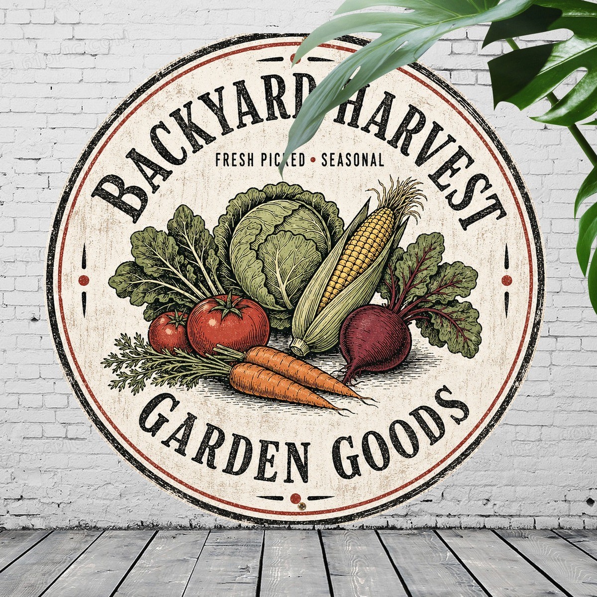 Homegrown Vegetables Metal Sign Round Retro Garden Harvest Wall Art