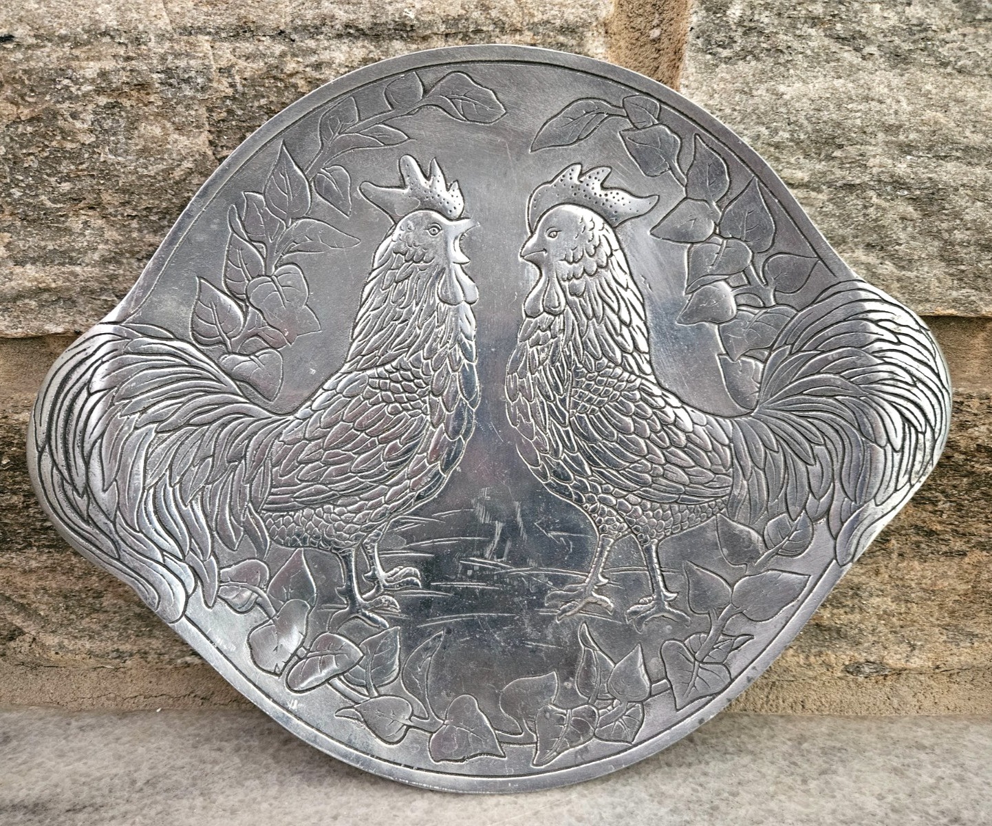 Vintage Pewter Chicken Design Serving Platter by Eda For Mann- 1980