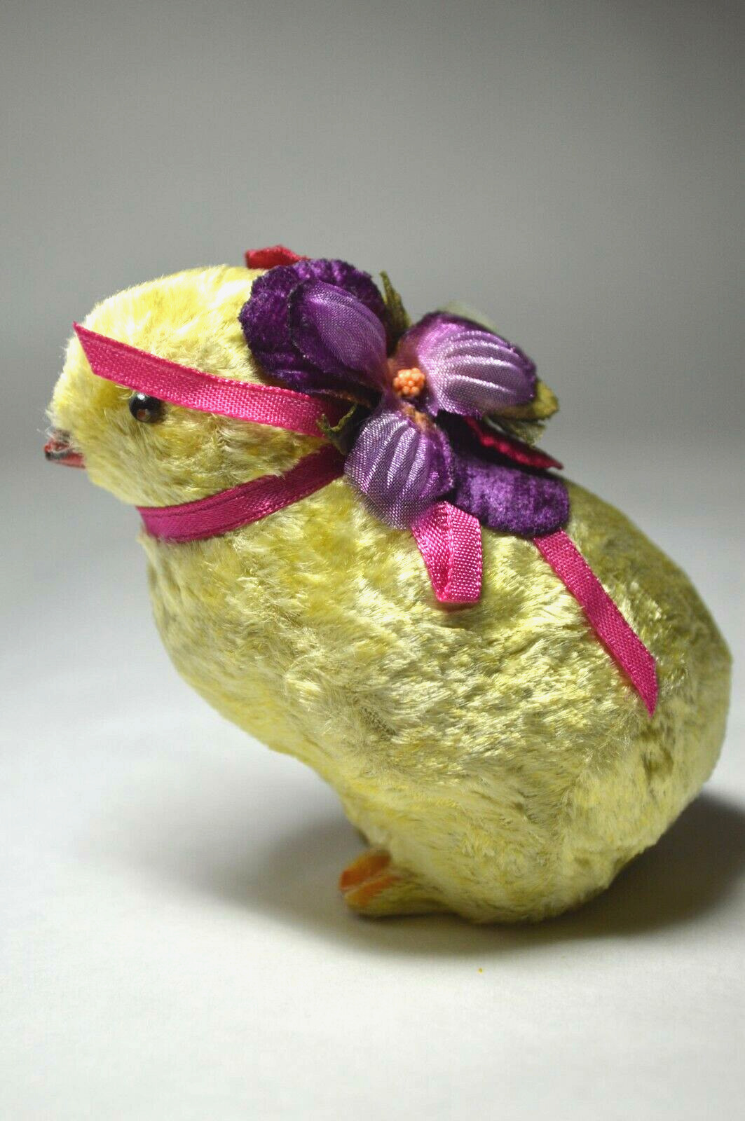 Easter Chick Baby Chicken Figurine Yellow Velveteen with Pansy Bow NWT Spring